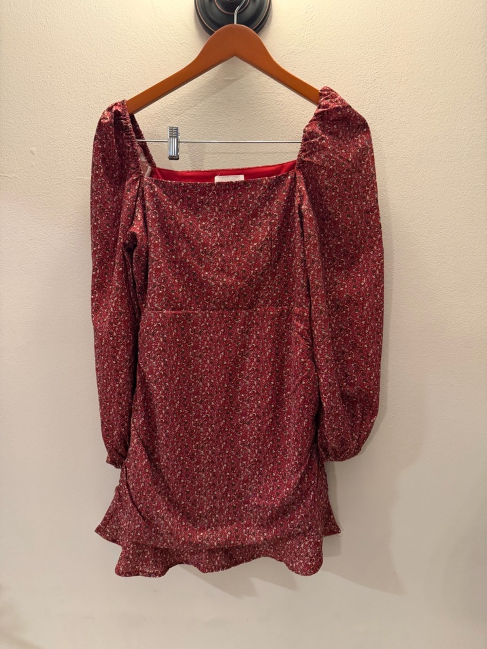 Air Space Red Floral Ruched Mini Dress Square Neck Puff Sleeve Ruffle Hem Size M